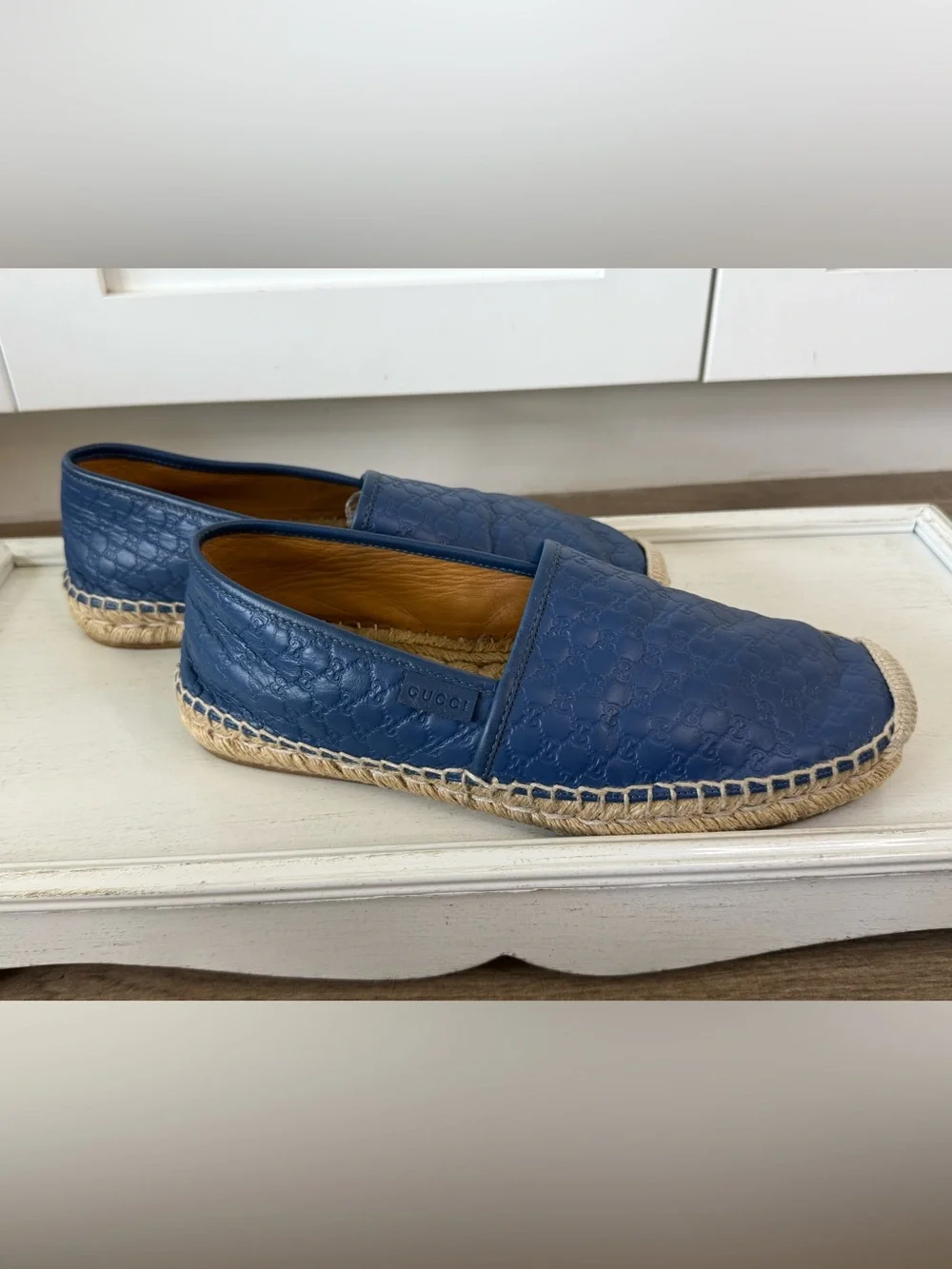 Gucci Navy Embossed Leather Espadrille Slip-Ons size 6